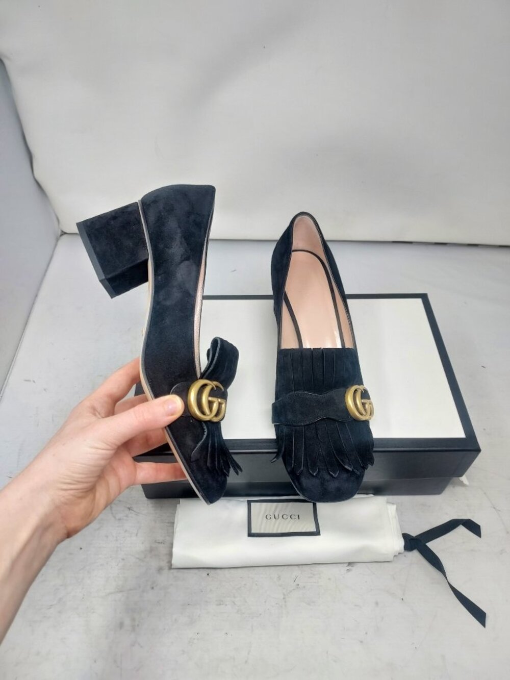 Gucci Marmont Fringe GG Black Suede Pump LIKE NEW CONDITION
